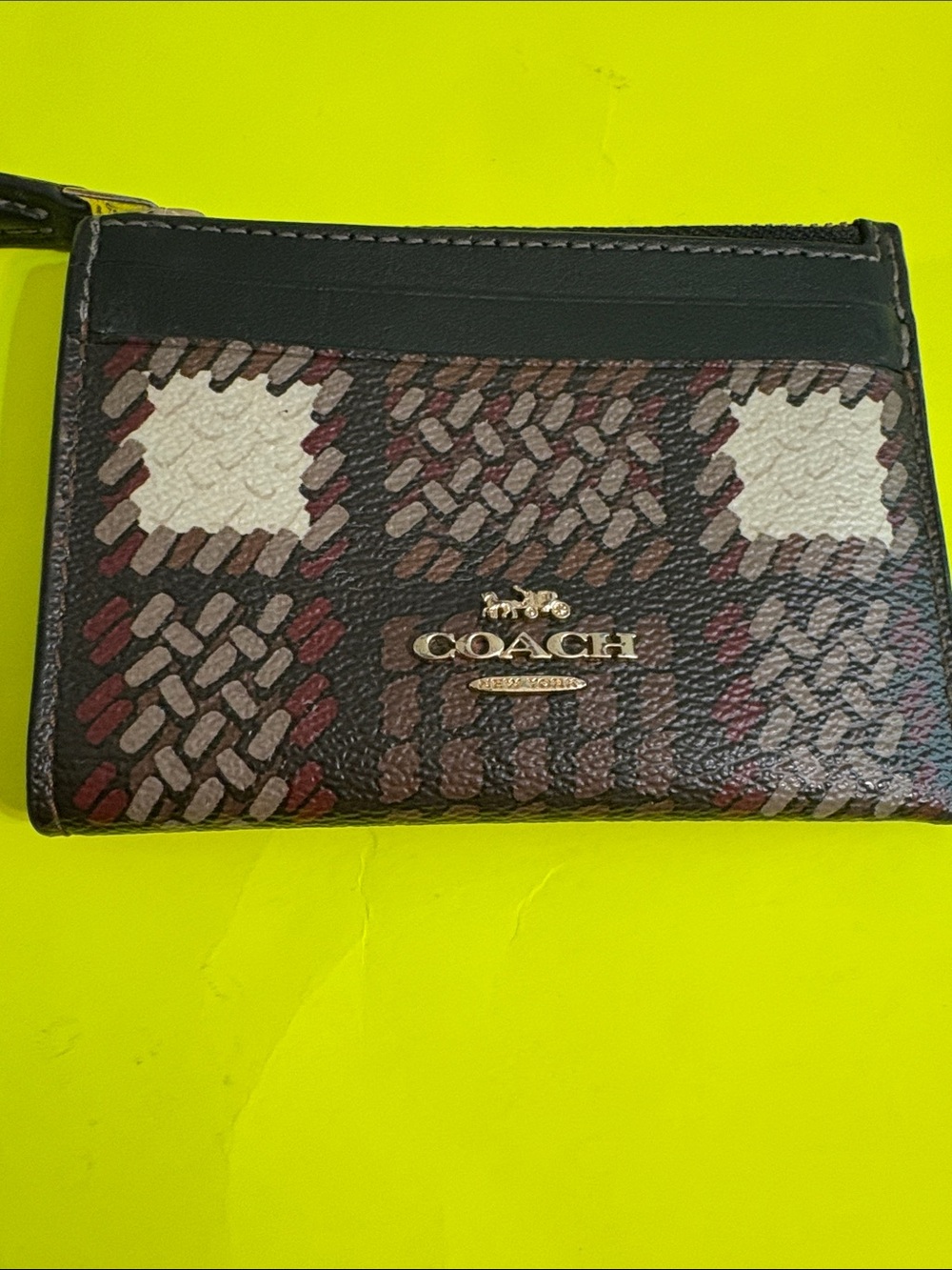 Coach Patterned Leather Card Holder in Brown, Red & Cream
